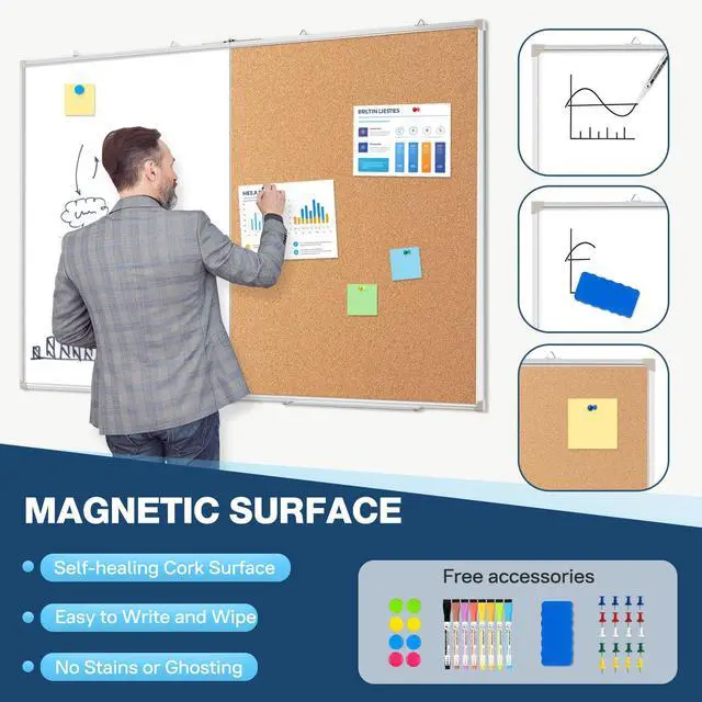 Alt view image 4 of 6 - Large White Board Dry Erase Foldable Cork Board Combo 60x40 for Wall | Dry Erase White Board, Cork Board Combo, Foldable Double-Sided, Magnetic Wall Hanging, School Home Office, Complete Kit