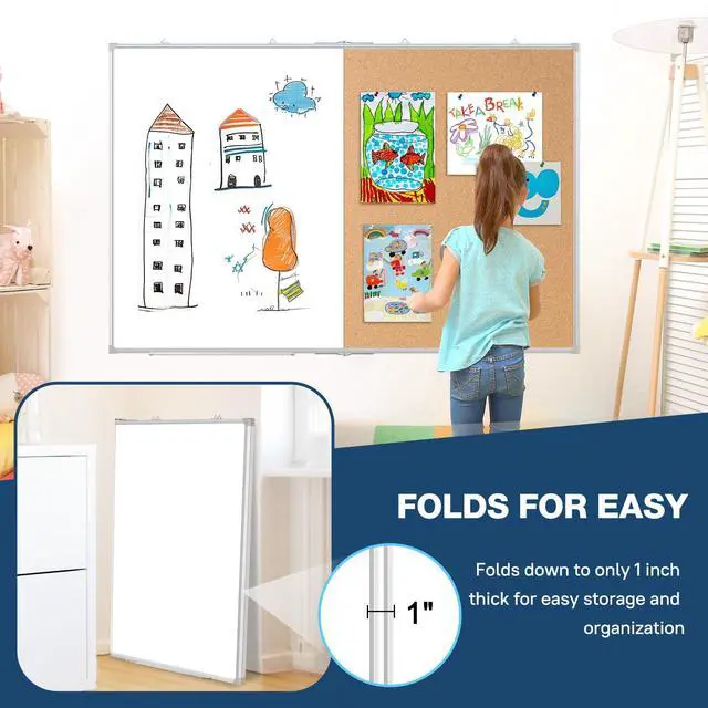 Alt view image 6 of 6 - Large White Board Dry Erase Foldable Cork Board Combo 60x40 for Wall | Dry Erase White Board, Cork Board Combo, Foldable Double-Sided, Magnetic Wall Hanging, School Home Office, Complete Kit