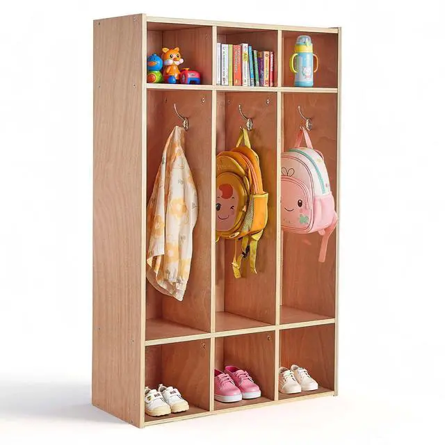 Main image of 3-Section Coat Locker, Kids Lockers with 6 Hooks & Non-Slip Mat, Classroom Cubbies for Daycare, Home, Kindergarten- Natural