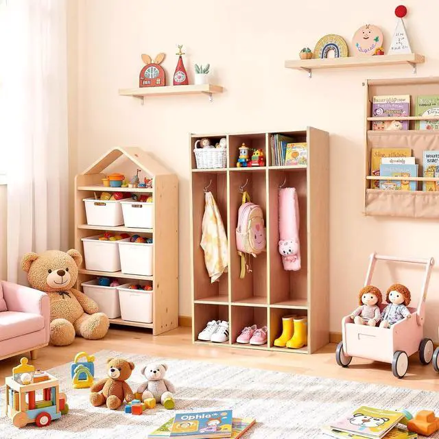 Alt view image 2 of 6 - 3-Section Coat Locker, Kids Lockers with 6 Hooks & Non-Slip Mat, Classroom Cubbies for Daycare, Home, Kindergarten- Natural