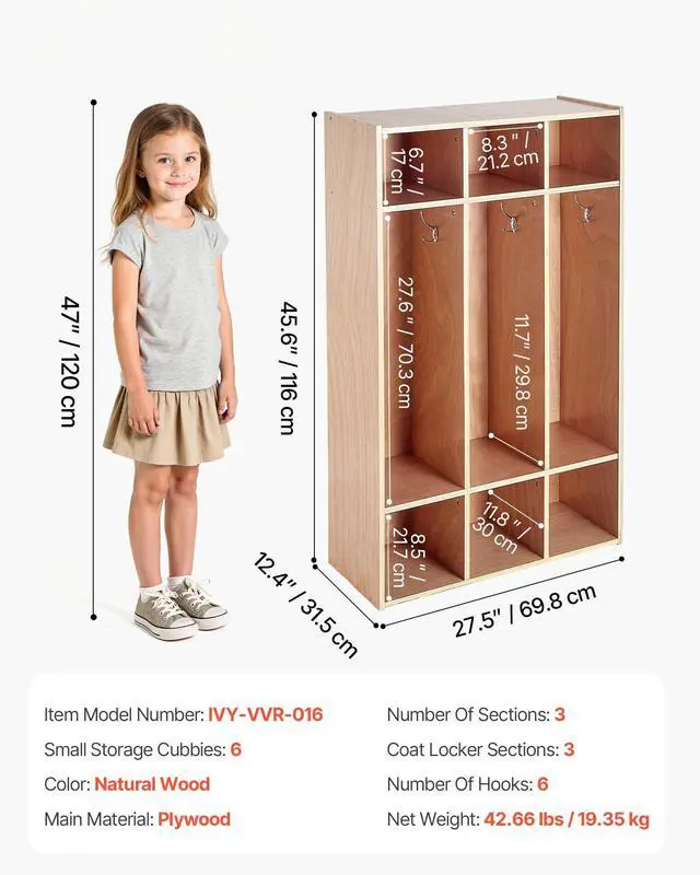 Alt view image 3 of 6 - 3-Section Coat Locker, Kids Lockers with 6 Hooks & Non-Slip Mat, Classroom Cubbies for Daycare, Home, Kindergarten- Natural
