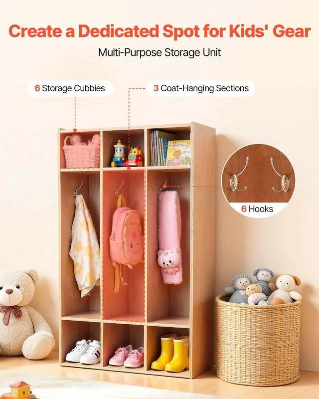Alt view image 4 of 6 - 3-Section Coat Locker, Kids Lockers with 6 Hooks & Non-Slip Mat, Classroom Cubbies for Daycare, Home, Kindergarten- Natural