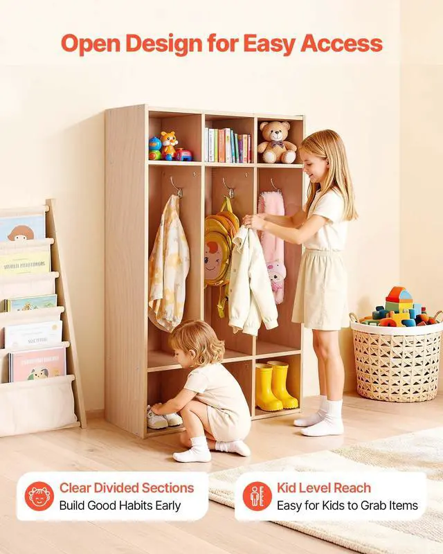 Alt view image 5 of 6 - 3-Section Coat Locker, Kids Lockers with 6 Hooks & Non-Slip Mat, Classroom Cubbies for Daycare, Home, Kindergarten- Natural