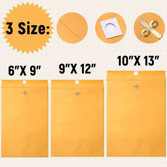 Alt view image 2 of 6 - 300 Pcs Manilla Envelopes Clasp Envelopes Bulk Brown Kraft Catalog Letter with Clasp Closure and Gummed Seal 28lb Heavyweight Paper (6 x 9 Inch,9 x 12 Inch,10 x 13 Inch)