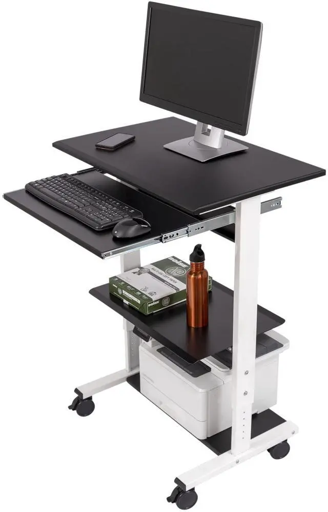 Main image of Stand Up Desk Store Mobile Rolling Adjustable Height Standing Workstation with Printer Shelf and Slideout Keyboard Tray (White Frame/Black Top, 30" Wide)