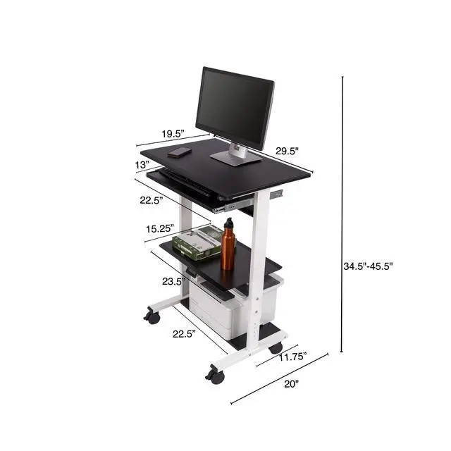 Alt view image 3 of 6 - Stand Up Desk Store Mobile Rolling Adjustable Height Standing Workstation with Printer Shelf and Slideout Keyboard Tray (White Frame/Black Top, 30" Wide)