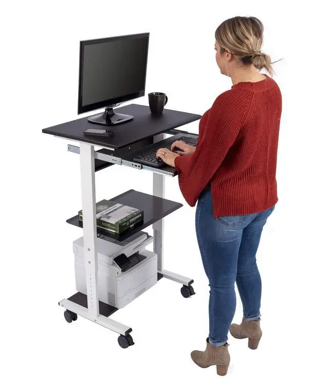 Alt view image 5 of 6 - Stand Up Desk Store Mobile Rolling Adjustable Height Standing Workstation with Printer Shelf and Slideout Keyboard Tray (White Frame/Black Top, 30" Wide)