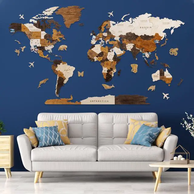Alt view image 2 of 6 - Multilayered 3D Wooden World Map Wall Decor, Wood Art Wall Decor, Mapa Mundi Para Pared, World Maps and Push Pins, Gifts for Mother's Day, Father's Day (Medium)