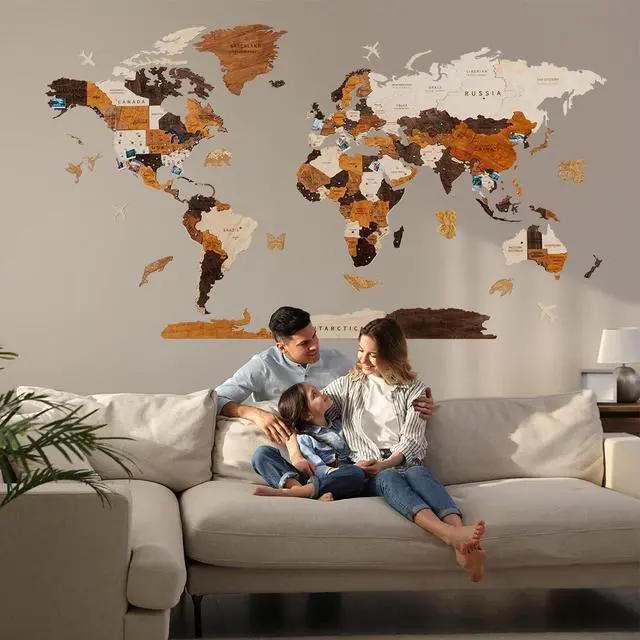 Alt view image 3 of 6 - Multilayered 3D Wooden World Map Wall Decor, Wood Art Wall Decor, Mapa Mundi Para Pared, World Maps and Push Pins, Gifts for Mother's Day, Father's Day (Medium)