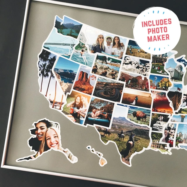 Alt view image 2 of 6 - USA Photo Map 50 States Travel Map Easy to Use, Built to Last | Includes Secure Photo Maker 24 x 36 in, Durable Vinyl Personalized Gift for Couples & Travelers Unframed, Gray