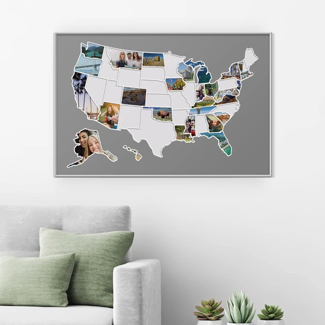 Alt view image 5 of 6 - USA Photo Map 50 States Travel Map Easy to Use, Built to Last | Includes Secure Photo Maker 24 x 36 in, Durable Vinyl Personalized Gift for Couples & Travelers Unframed, Gray
