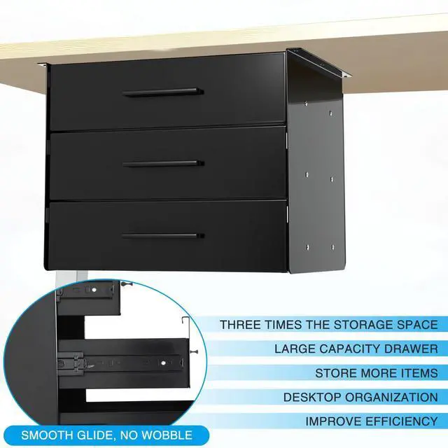 Alt view image 3 of 6 - 16'' Under Desk Drawer Slide-out Steel Under Counter Drawers Storage Organizer Large Hidden Pull-out Tray for Table Desks Home Office Workstation(Black,3 Layer)