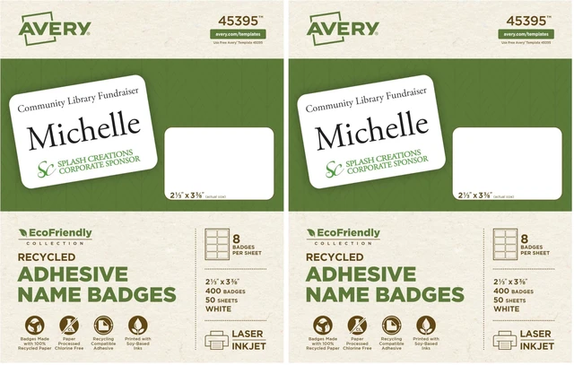 Main image of EcoFriendly Recycled Name Tags, 2-1/3" x 3-3/8", White, Removable Adhesive, 400 Printable Name Badges (45395) (Pack of 2)