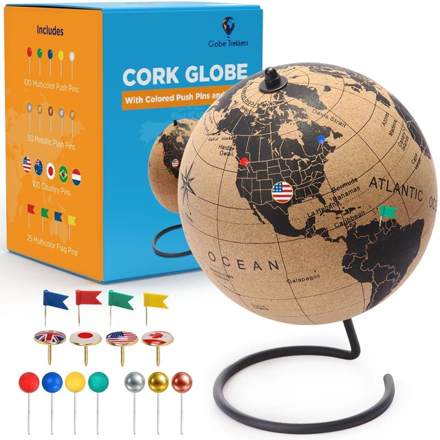 Main image of Cork Globe with Push Pins - 9.4 Globe with Map of the World and Rotating Stand for Adults, 100 Metallic and 100 Colored Push Pins - World Map for Home, Office, Travel