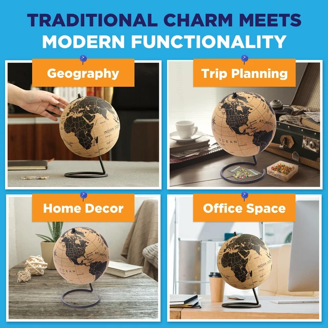 Alt view image 2 of 6 - Cork Globe with Push Pins - 9.4 Globe with Map of the World and Rotating Stand for Adults, 100 Metallic and 100 Colored Push Pins - World Map for Home, Office, Travel