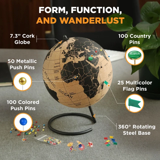 Alt view image 3 of 6 - Cork Globe with Push Pins - 9.4 Globe with Map of the World and Rotating Stand for Adults, 100 Metallic and 100 Colored Push Pins - World Map for Home, Office, Travel