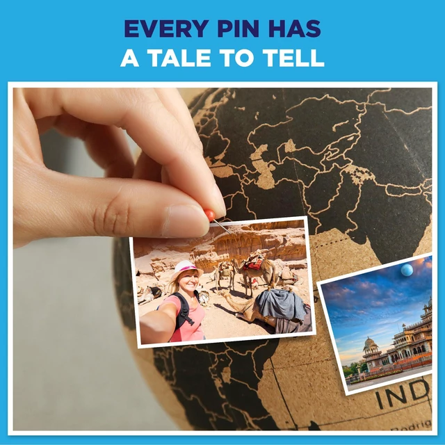 Alt view image 4 of 6 - Cork Globe with Push Pins - 9.4 Globe with Map of the World and Rotating Stand for Adults, 100 Metallic and 100 Colored Push Pins - World Map for Home, Office, Travel