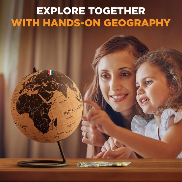Alt view image 6 of 6 - Cork Globe with Push Pins - 9.4 Globe with Map of the World and Rotating Stand for Adults, 100 Metallic and 100 Colored Push Pins - World Map for Home, Office, Travel