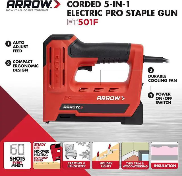 Alt view image 2 of 6 - Arrow ET501F Corded 5-in-1 Professional Electric Staple and Nail Gun, Wire Stapler, and Brad Nailer for Upholstery, Framing, Insulation, Crafts, Fencing, and Cable, Black/Red | Corded Professional Ele