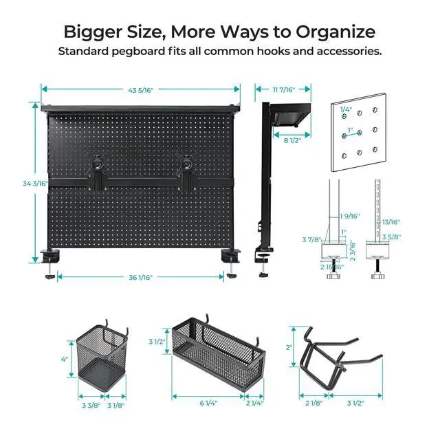 Alt view image 2 of 6 - Desk Pegboard Dual Monitor Stand 43x34 Black | Steel pegboard with dual monitor stands, privacy panel and 4 modular accessories for organized gaming and office setups