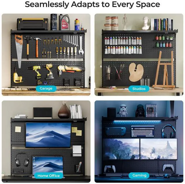 Alt view image 3 of 6 - Desk Pegboard Dual Monitor Stand 43x34 Black | Steel pegboard with dual monitor stands, privacy panel and 4 modular accessories for organized gaming and office setups