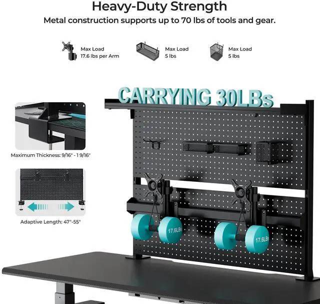 Alt view image 4 of 6 - Desk Pegboard Dual Monitor Stand 43x34 Black | Steel pegboard with dual monitor stands, privacy panel and 4 modular accessories for organized gaming and office setups