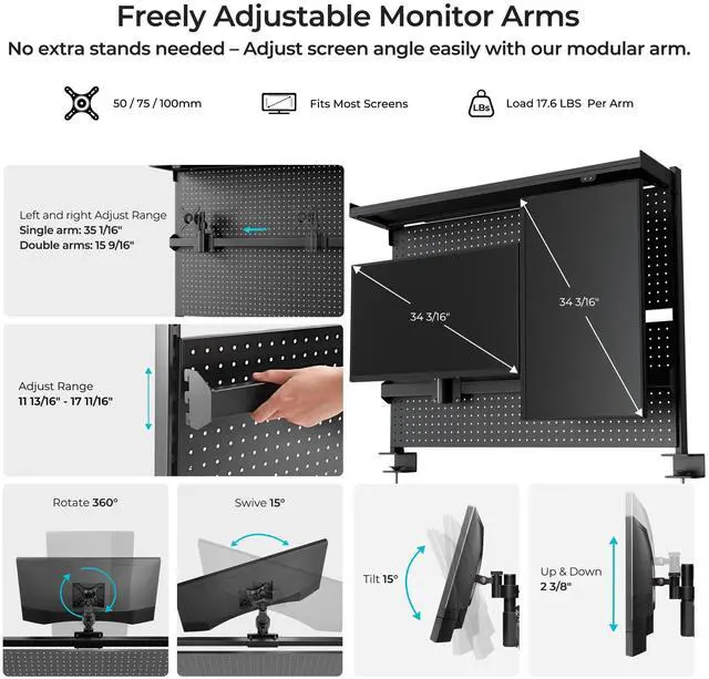 Alt view image 5 of 6 - Desk Pegboard Dual Monitor Stand 43x34 Black | Steel pegboard with dual monitor stands, privacy panel and 4 modular accessories for organized gaming and office setups