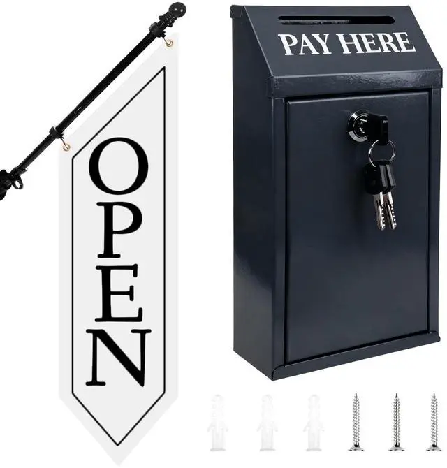 Main image of Locking Metal Cash Box with Key 10.2"x5.7"x2.8" Money Collection Safe for Farm Stand or Retail OPEN Flag Banner Kit with Pole & Bracket, Double-Sided Canvas Open Sign 42"x12" (White)