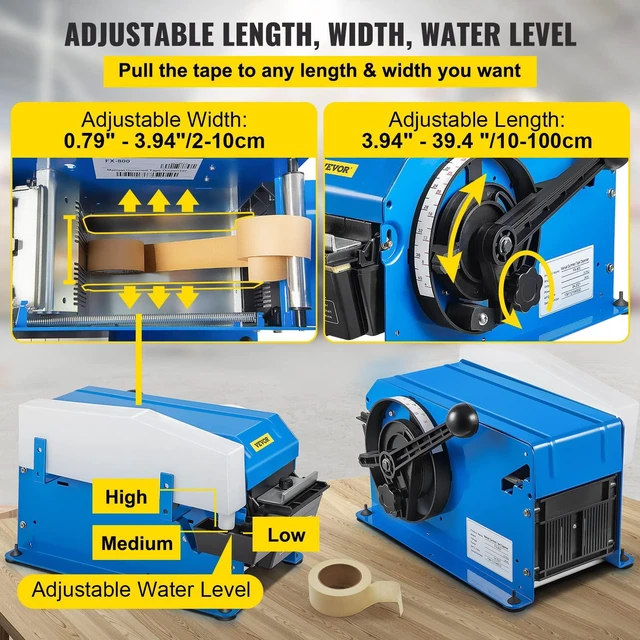 Alt view image 3 of 6 - Water-Activated Tape Dispenser, Maximum 39.4" x 3.94" Tape, Adjustable Length, Width & Water Level, Manual Tape Dispenser w/Water Brush, Carton Packaging for Express Box, Gift Box