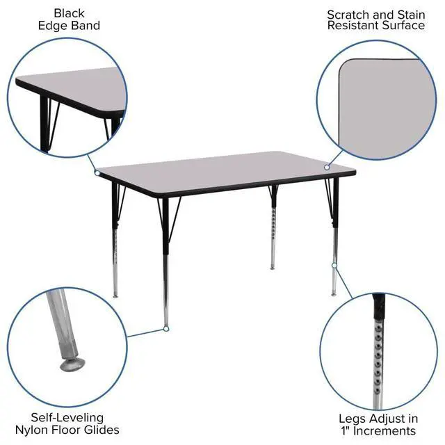 Alt view image 4 of 6 - 24''W x 48''L Rectangular Grey Thermal Laminate Activity Table - Standard Height Adjustable Legs
