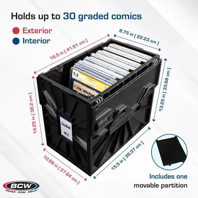 Alt view image 4 of 6 - Graded Comic Book Bin with Partition Black (1 Pack) | Holds Up To 30 Graded Comics | Stackable Comic Book Box Storage for CGC, CBCS & Slabs
