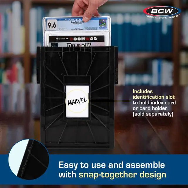 Alt view image 5 of 6 - Graded Comic Book Bin with Partition Black (1 Pack) | Holds Up To 30 Graded Comics | Stackable Comic Book Box Storage for CGC, CBCS & Slabs