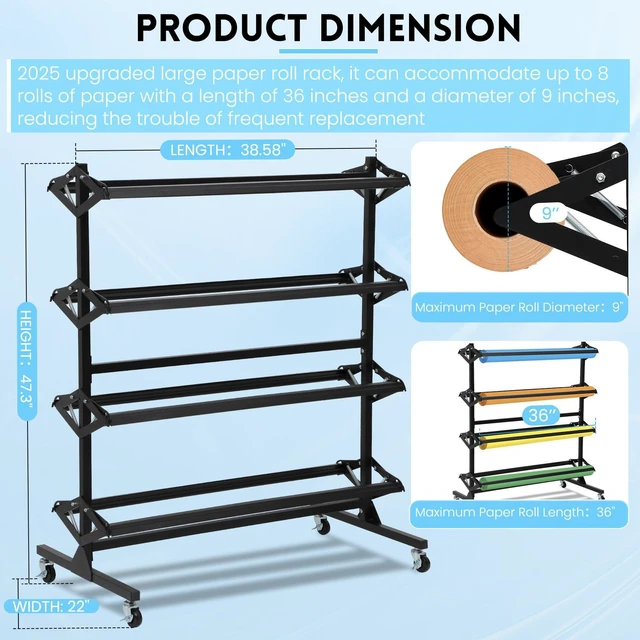 Alt view image 2 of 5 - Large Paper Roll Dispenser Holder, Butcher Paper Roll Rack & Cutter | 8 Racks Holds Up to 36'' W x 9" Dia, Great for Butcher, Craft, Gift Wrap & Art Kraft