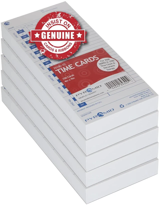 Main image of 30% Recycled Time Cards (35100-10PK5) - 500 Cards | For Pyramid Models 3500, 3500ss, 3600SS, 3700 Time Clock and Document Stamp, Single Sided Time Sheets (4 X 9 In), 500 Cards