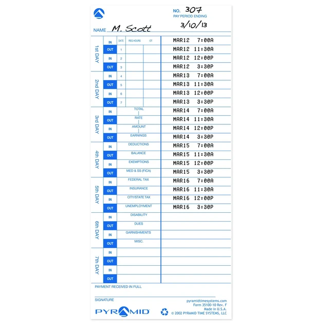 Alt view image 2 of 5 - 30% Recycled Time Cards (35100-10PK5) - 500 Cards | For Pyramid Models 3500, 3500ss, 3600SS, 3700 Time Clock and Document Stamp, Single Sided Time Sheets (4 X 9 In), 500 Cards