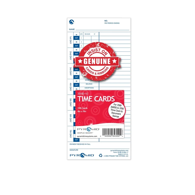 Alt view image 4 of 5 - 30% Recycled Time Cards (35100-10PK5) - 500 Cards | For Pyramid Models 3500, 3500ss, 3600SS, 3700 Time Clock and Document Stamp, Single Sided Time Sheets (4 X 9 In), 500 Cards