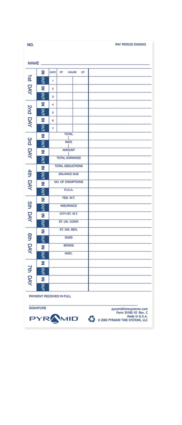 Alt view image 5 of 5 - 30% Recycled Time Cards (35100-10PK5) - 500 Cards | For Pyramid Models 3500, 3500ss, 3600SS, 3700 Time Clock and Document Stamp, Single Sided Time Sheets (4 X 9 In), 500 Cards