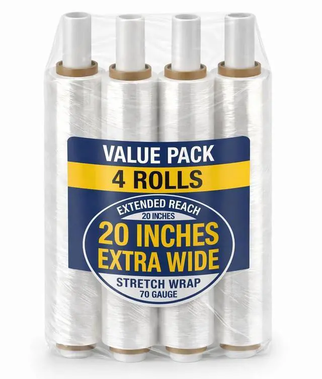 Main image of Stretch Wrap Extra Wide Stretch Film Roll (4 Rolls) - 20 in Wide & 1000 ft long Clear Plastic Wrap with Handles for Pallet Wrapping Shipping Moving