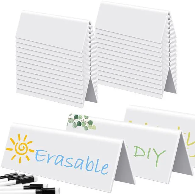 Main image of 50 Sets Dry Erase Name Tent Cards with Black Markers 8.7 x 2.8 x 1.9 Inches White Reusable Name Plate Wipe Clean Desk Tags Sign for Classroom Table Office Conference Meeting Weddings