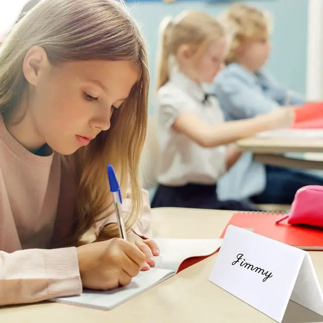 Alt view image 4 of 6 - 50 Sets Dry Erase Name Tent Cards with Black Markers 8.7 x 2.8 x 1.9 Inches White Reusable Name Plate Wipe Clean Desk Tags Sign for Classroom Table Office Conference Meeting Weddings