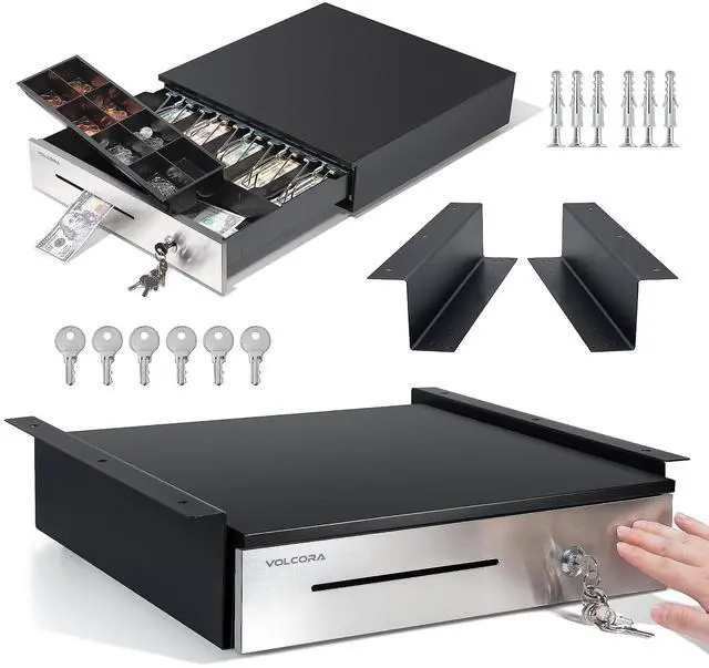 Main image of Manual Push Open Cash Register Drawer with Under Counter Mounting Metal Bracket - 16" Black/Stainless Steel Front Cash Drawer for POS, Partial Removable 5 Bill 8 Coin Tray, Key Lock, Media Slots