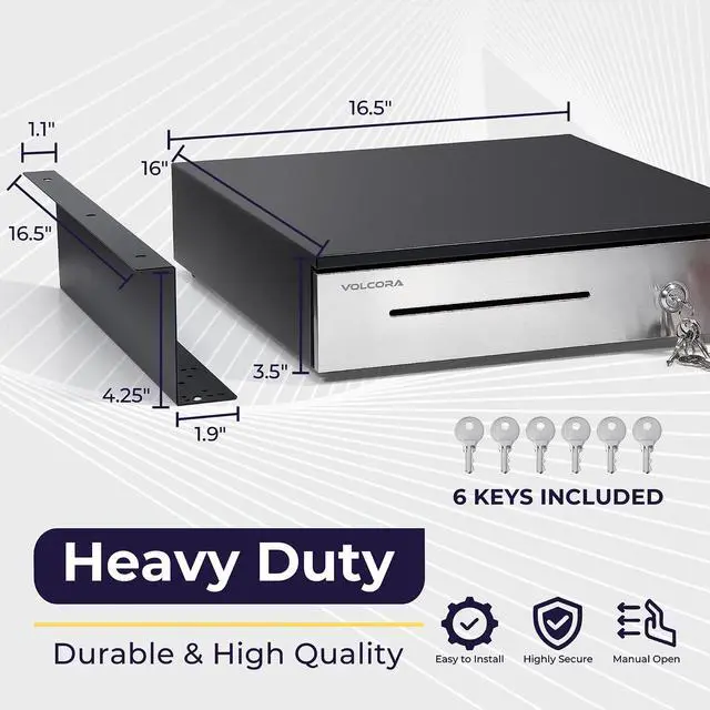 Alt view image 2 of 6 - Manual Push Open Cash Register Drawer with Under Counter Mounting Metal Bracket - 16" Black/Stainless Steel Front Cash Drawer for POS, Partial Removable 5 Bill 8 Coin Tray, Key Lock, Media Slots