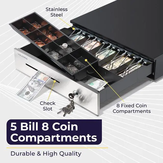 Alt view image 3 of 6 - Manual Push Open Cash Register Drawer with Under Counter Mounting Metal Bracket - 16" Black/Stainless Steel Front Cash Drawer for POS, Partial Removable 5 Bill 8 Coin Tray, Key Lock, Media Slots