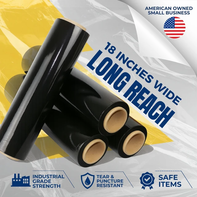Alt view image 2 of 6 - Stretch Film Wrap - Black, 18"x1500 ft, 80 Gauge 4 Rolls Heavy Duty Pallet Wrap Stretch Wrap Roll for Packing, Moving & Shipping Industrial Strength Durable Self Adhering Shrink Wrap Roll