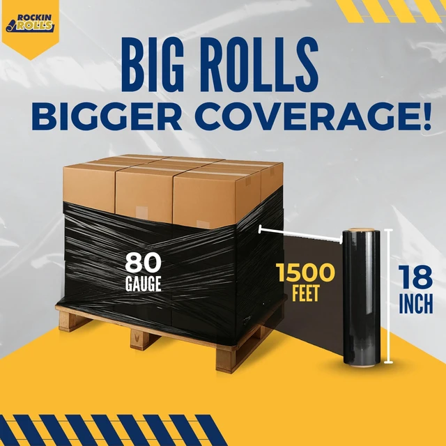 Alt view image 3 of 6 - Stretch Film Wrap - Black, 18"x1500 ft, 80 Gauge 4 Rolls Heavy Duty Pallet Wrap Stretch Wrap Roll for Packing, Moving & Shipping Industrial Strength Durable Self Adhering Shrink Wrap Roll