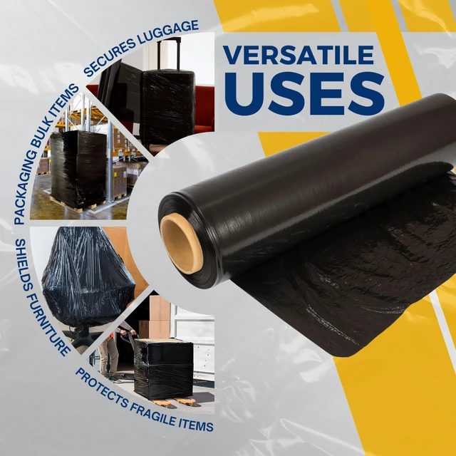 Alt view image 4 of 6 - Stretch Film Wrap - Black, 18"x1500 ft, 80 Gauge 4 Rolls Heavy Duty Pallet Wrap Stretch Wrap Roll for Packing, Moving & Shipping Industrial Strength Durable Self Adhering Shrink Wrap Roll