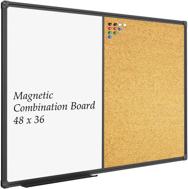 Main image of White Board & Bulletin Corkboard Combination, Combo Board 48 x 36 Magnetic Whiteboard, Black Aluminum Frame Wall Mounted Board for Office Home and School with 10 Push Pins
