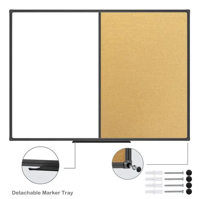 Alt view image 2 of 6 - White Board & Bulletin Corkboard Combination, Combo Board 48 x 36 Magnetic Whiteboard, Black Aluminum Frame Wall Mounted Board for Office Home and School with 10 Push Pins