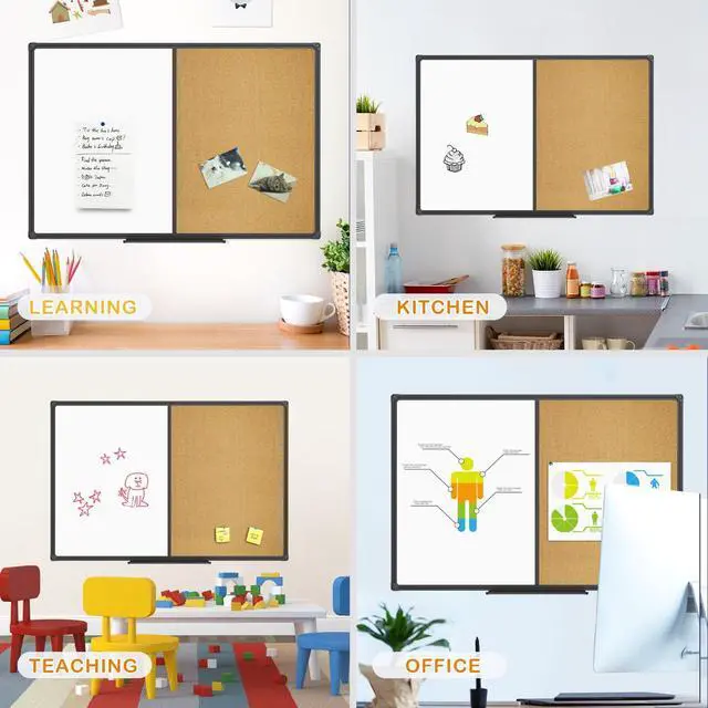 Alt view image 3 of 6 - White Board & Bulletin Corkboard Combination, Combo Board 48 x 36 Magnetic Whiteboard, Black Aluminum Frame Wall Mounted Board for Office Home and School with 10 Push Pins