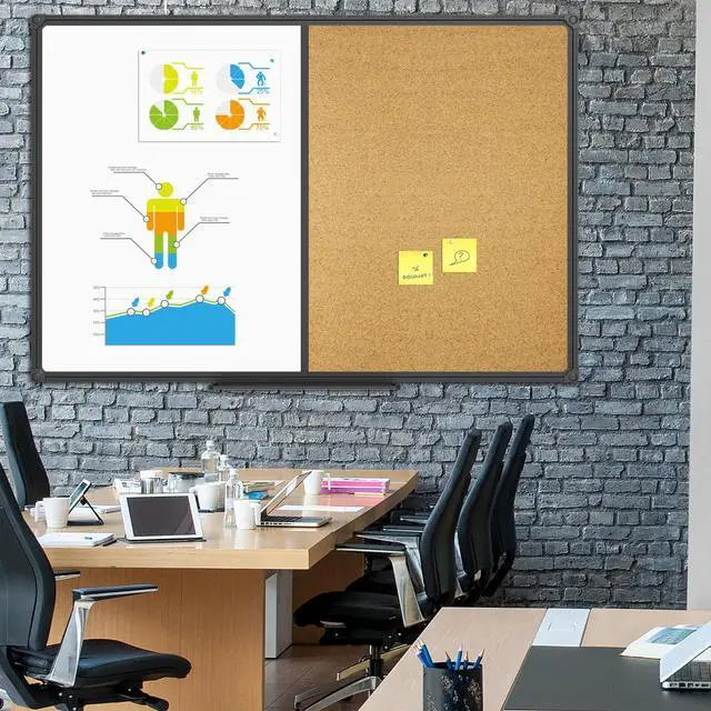 Alt view image 4 of 6 - White Board & Bulletin Corkboard Combination, Combo Board 48 x 36 Magnetic Whiteboard, Black Aluminum Frame Wall Mounted Board for Office Home and School with 10 Push Pins